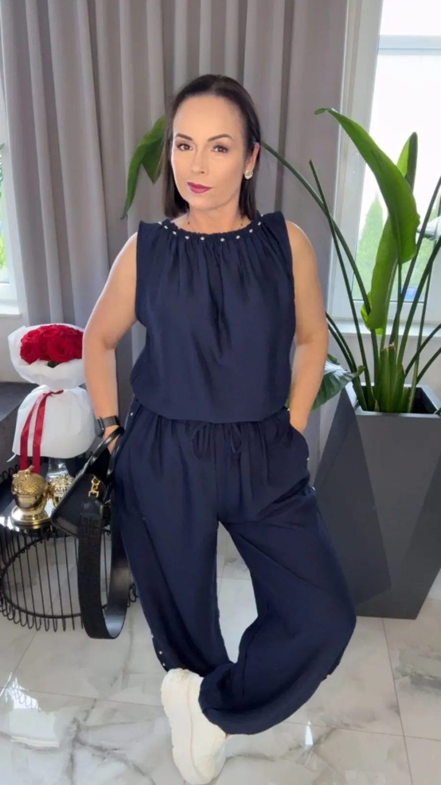 Komplet granatowy elegancki dres letni