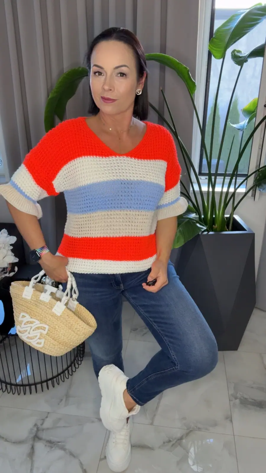 Sweter w paski pomarańczowo błękitny cudny